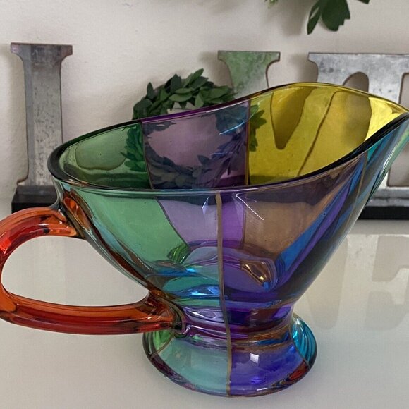 VTG Multi Color Hand Painted Color Block Festival Glass Cream Pitcher Gravy Boat - Picture 2 of 16